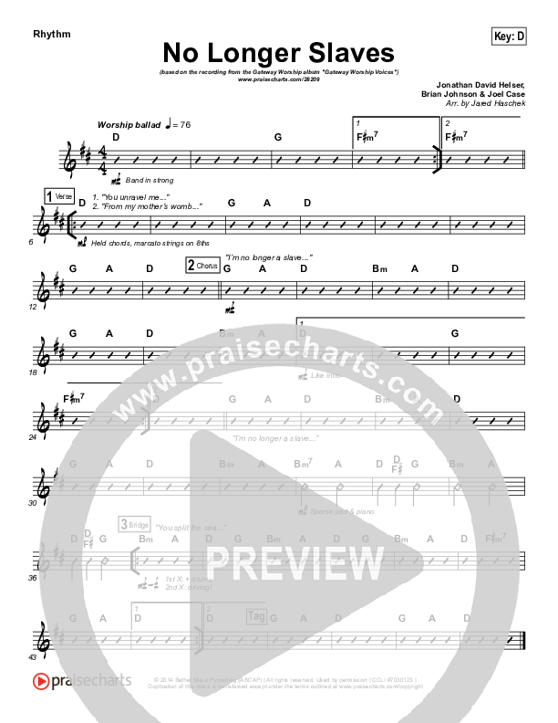 No Longer Slaves Rhythm Chart (Gateway Worship Voices / Bridgette Morris)