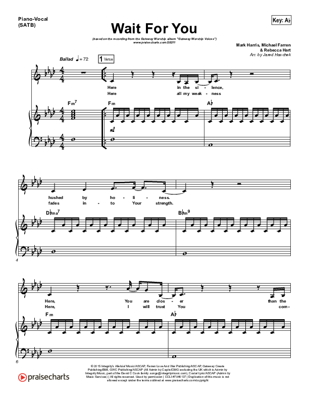 Wait For You Piano/Vocal (SATB) (Gateway Worship Voices / Rebecca Hart)