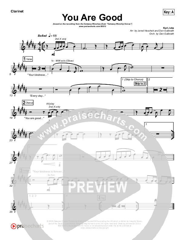 You Are Good Clarinet (Gateway Worship Voices / Kari Jobe)