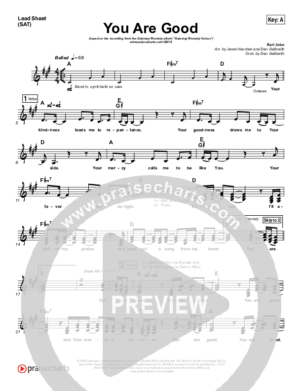 You Are Good Lead Sheet (SAT) (Gateway Worship Voices / Kari Jobe)