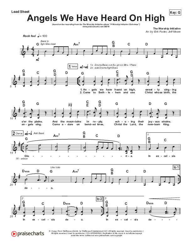 Angels We Have Heard On High (Cloud Of Witnesses) Lead Sheet (Shane & Shane / The Worship Initiative)