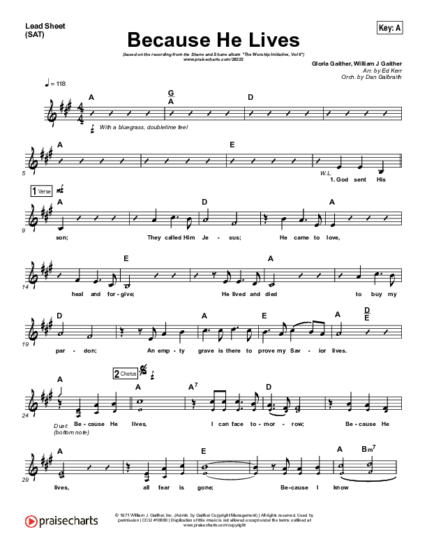 Because He Lives Lead Sheet (SAT) (Shane & Shane / The Worship Initiative)