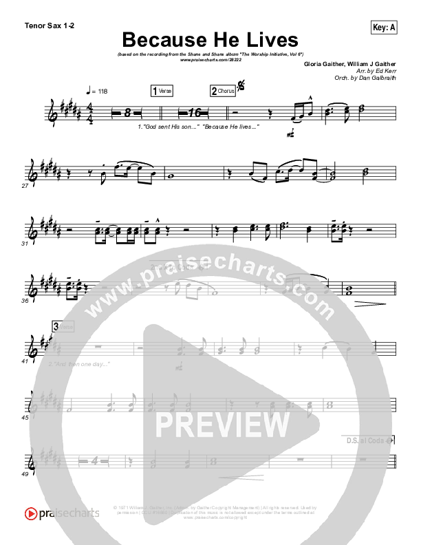 Because He Lives Tenor Sax 1/2 (Shane & Shane / The Worship Initiative)