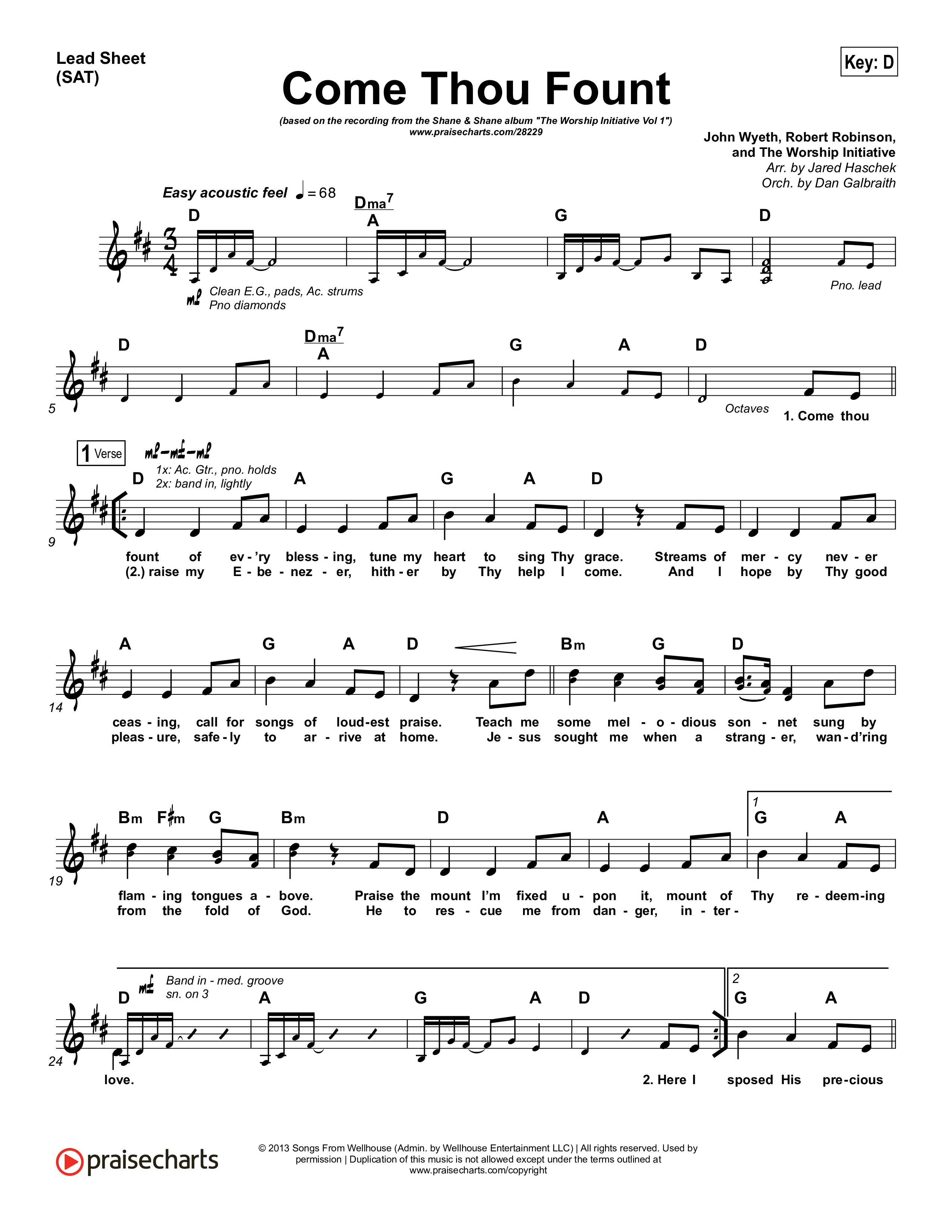 Come Thou Fount Lead Sheet (SAT) (Shane & Shane / The Worship Initiative)