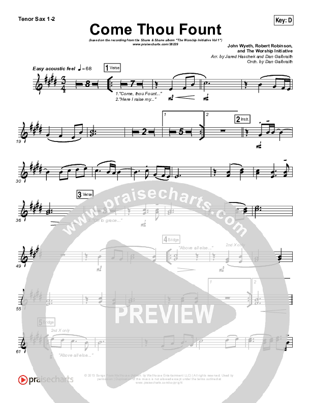 Come Thou Fount Tenor Sax 1/2 (Shane & Shane / The Worship Initiative)