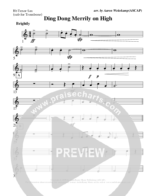 Ding Dong Merrily On High (Instrumental) Tenor Sax 2 (AnderKamp Music)