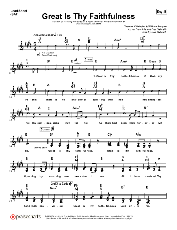 Great Is Thy Faithfulness Lead Sheet (SAT) (Shane & Shane / The Worship Initiative)