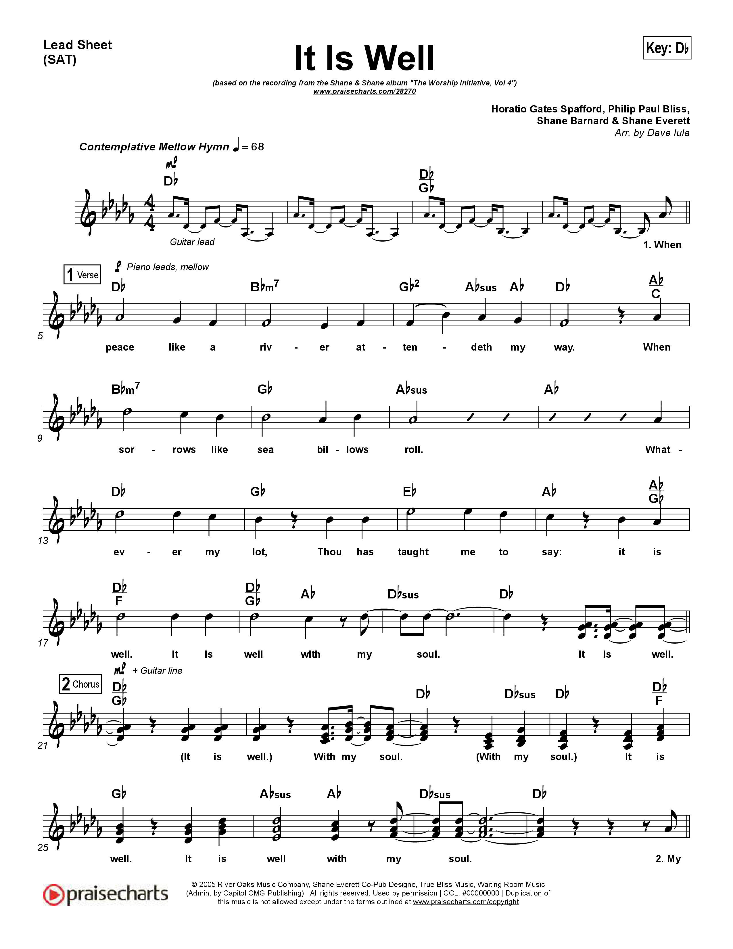 It Is Well Lead Sheet (SAT) (Shane & Shane / The Worship Initiative)