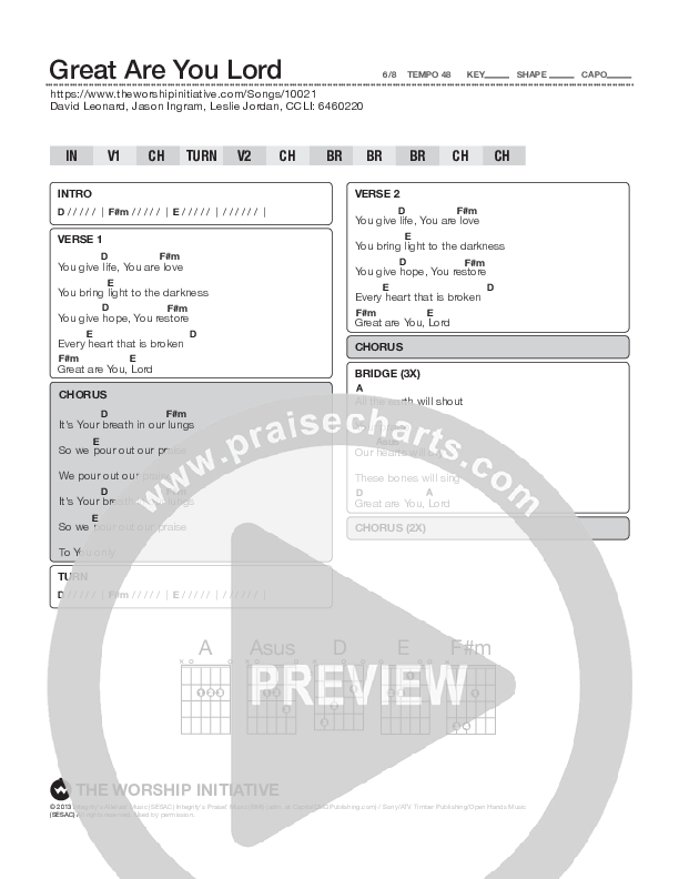 Great Are You Lord Chord Chart (Shane & Shane / The Worship Initiative)