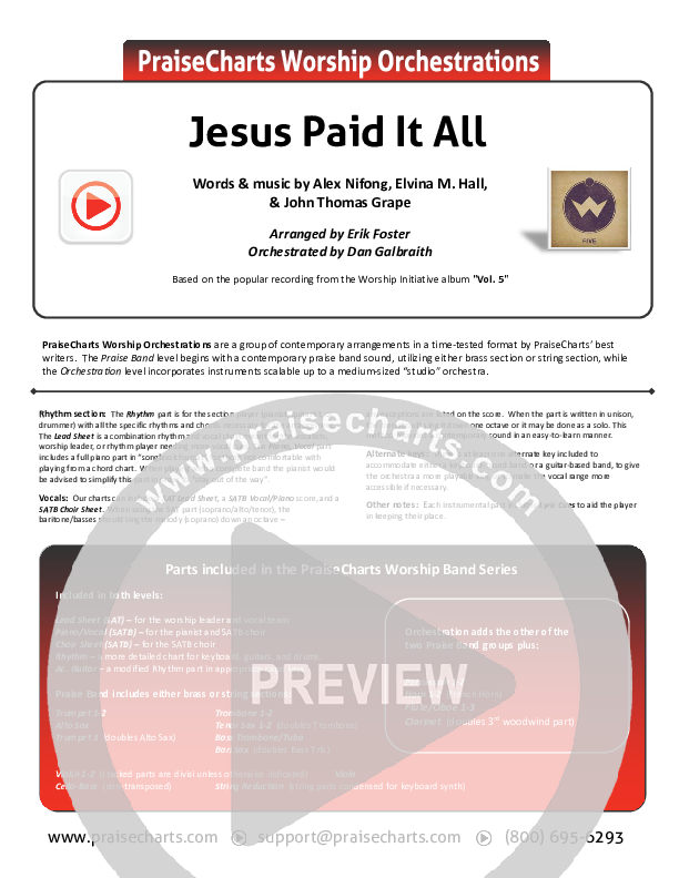 Jesus Paid It All Cover Sheet (Shane & Shane / The Worship Initiative)