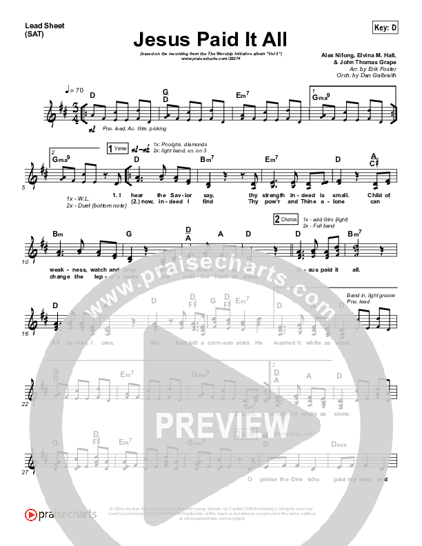 Jesus Paid It All Lead Sheet (SAT) (Shane & Shane / The Worship Initiative)