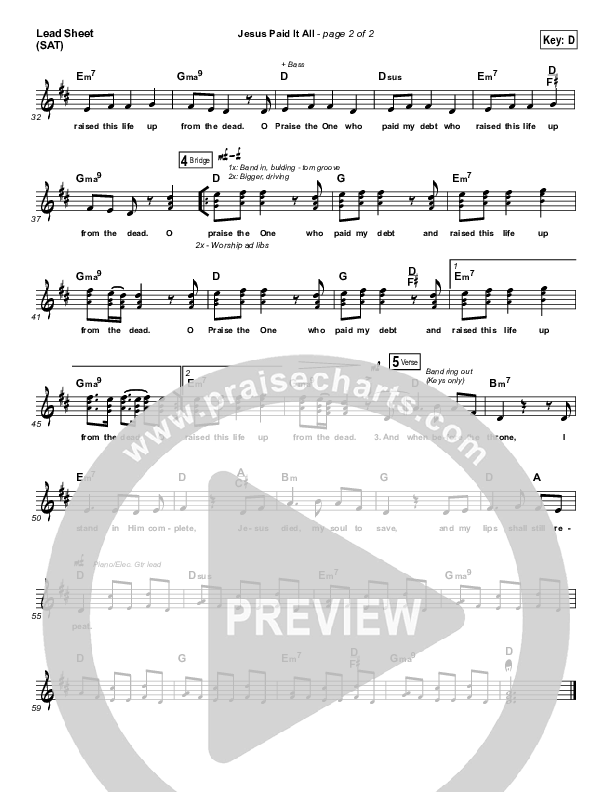 Jesus Paid It All Lead Sheet (SAT) (Shane & Shane / The Worship Initiative)