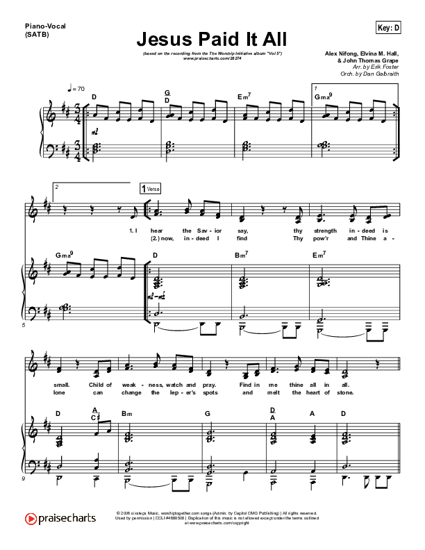 Jesus Paid It All Piano/Vocal (SATB) (Shane & Shane / The Worship Initiative)