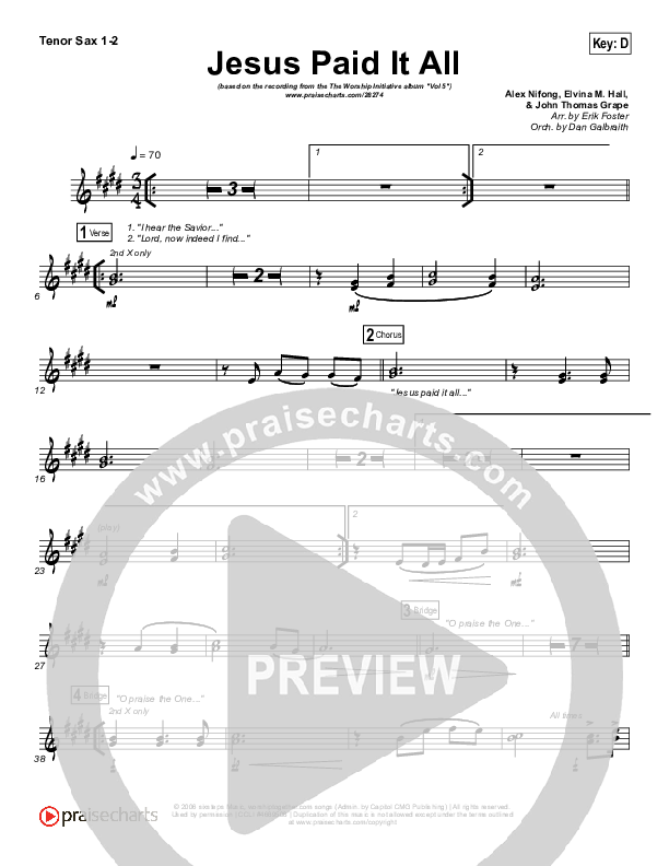 Jesus Paid It All Tenor Sax 1/2 (Shane & Shane / The Worship Initiative)