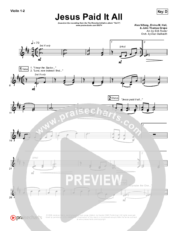 Jesus Paid It All Violin 1/2 (Shane & Shane / The Worship Initiative)