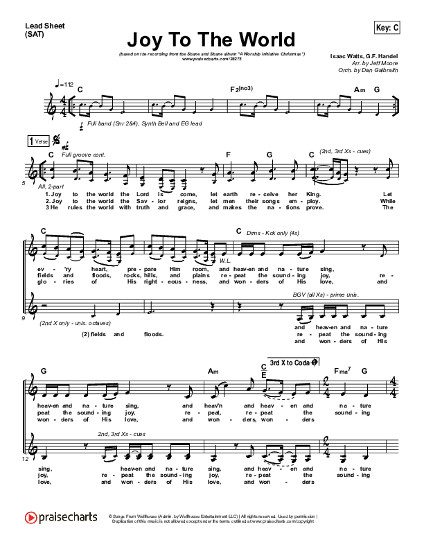 Joy To The World Lead Sheet (SAT) (Shane & Shane / The Worship Initiative)