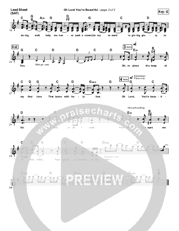 Oh Lord You're Beautiful Lead Sheet (SAT) (Shane & Shane / The Worship Initiative)