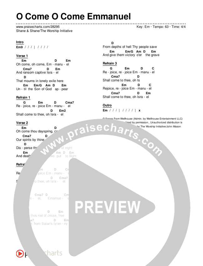 O Come O Come Emmanuel Chords & Lyrics (Shane & Shane / The Worship Initiative)