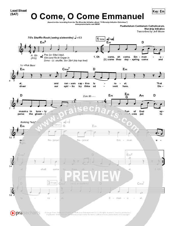 O Come O Come Emmanuel Lead Sheet (Shane & Shane / The Worship Initiative)