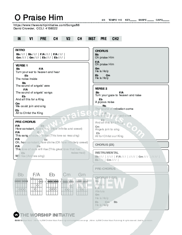 O Praise Him Chord Chart (Shane & Shane / The Worship Initiative)