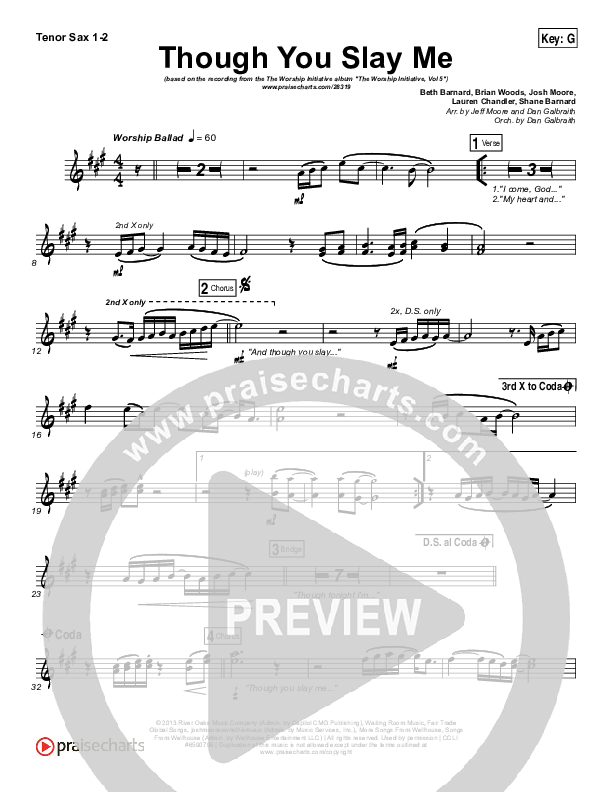 Though You Slay Me Tenor Sax 1/2 (Shane & Shane / The Worship Initiative)