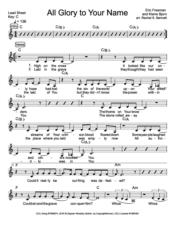 All Glory To Your Name Lead Sheet (Daystar Worship)
