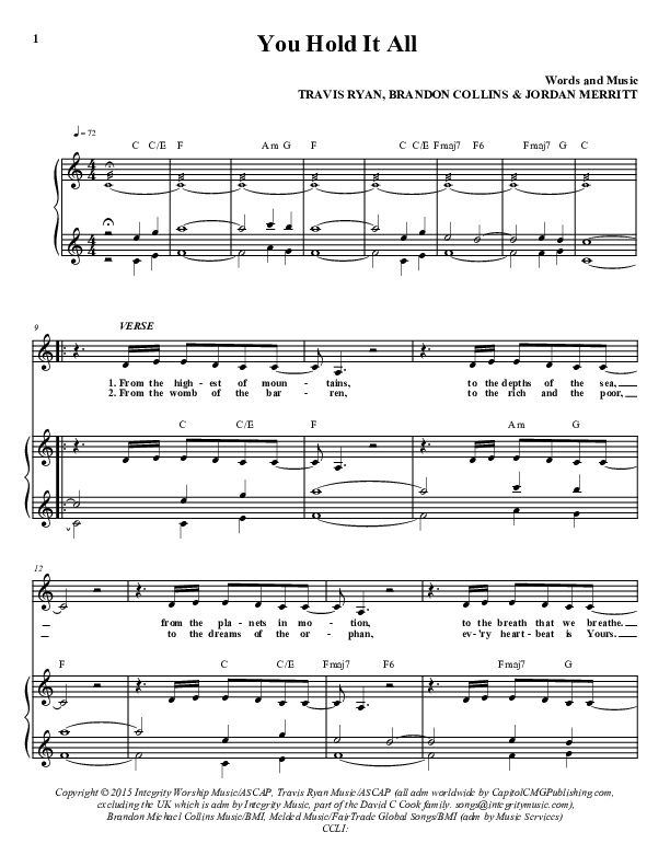 You Hold It All Piano/Vocal (Travis Ryan)