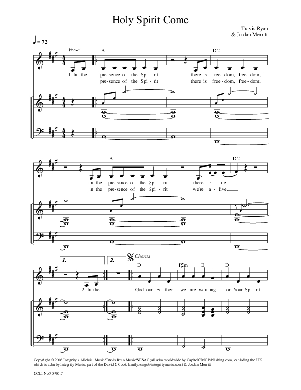 Holy Spirit Come Piano/Vocal (Travis Ryan)