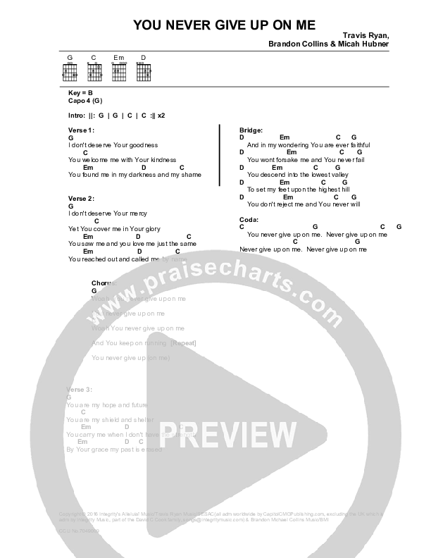 You Never Give Up On Me Chords & Lyrics (Travis Ryan)