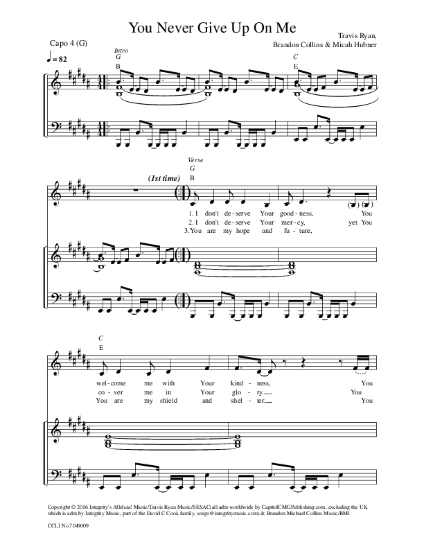 You Never Give Up On Me Piano/Vocal (Travis Ryan)