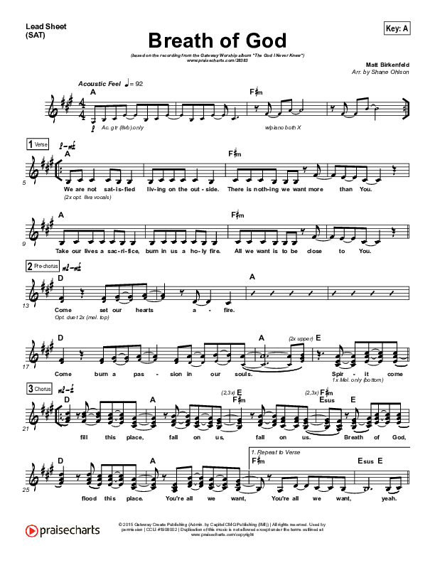 Breath Of God Lead Sheet (SAT) (Matt Birkenfeld / Gateway Devotions)