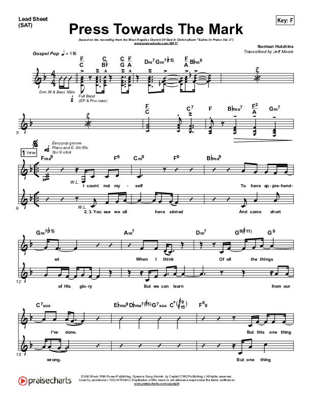 Press Towards The Mark Lead (SAT) (West Angeles Cogic Mass Choir)