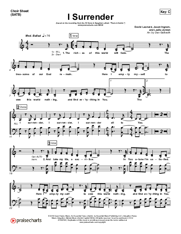 I Surrender Choir Sheet (SATB) (All Sons & Daughters)