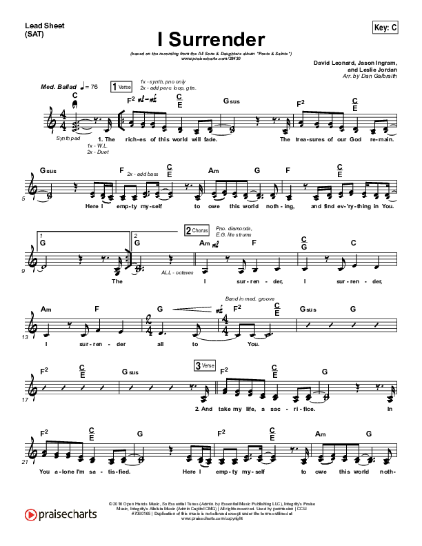 I Surrender Lead Sheet (SAT) (All Sons & Daughters)