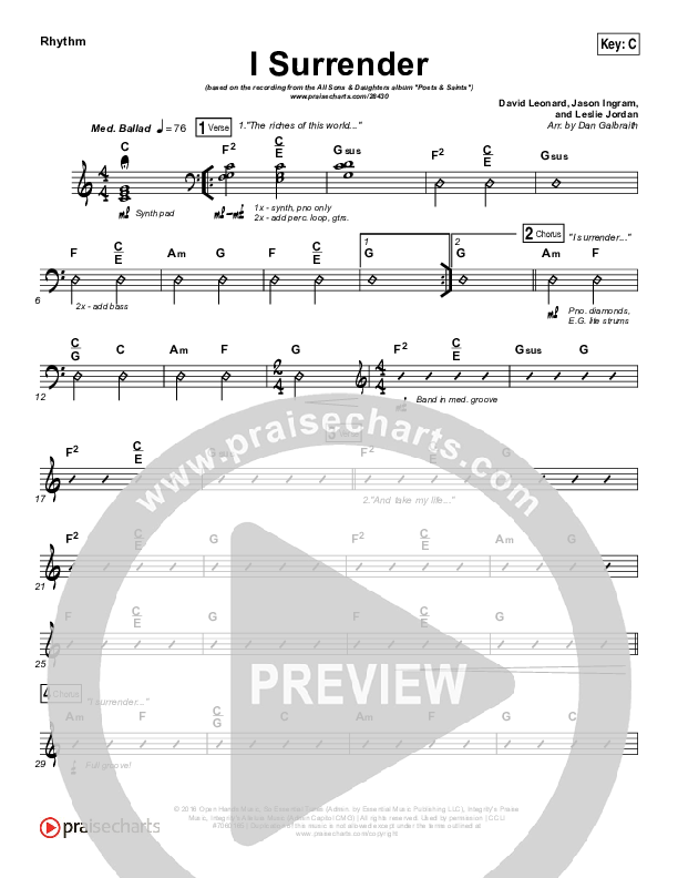 I Surrender Rhythm Chart (All Sons & Daughters)