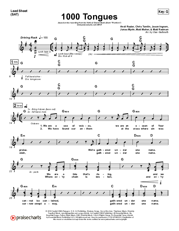 1000 Tongues Lead Sheet (SAT) (Vertical Worship)