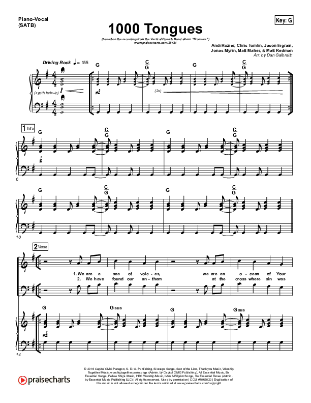 1000 Tongues Piano/Vocal (SATB) (Vertical Worship)