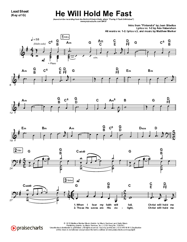 He Will Hold Me Fast Lead Sheet (Melody) (Keith & Kristyn Getty)
