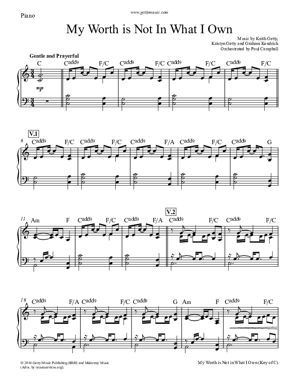 My Worth Is Not In What I Own Piano Sheet (Keith & Kristyn Getty)