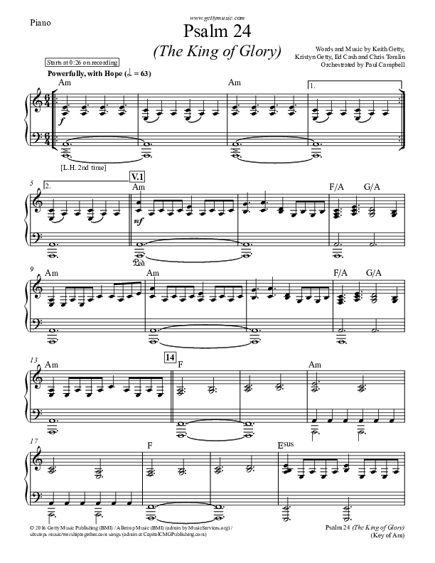 Psalm 24 (The King Of Glory) Piano Sheet (Keith & Kristyn Getty)