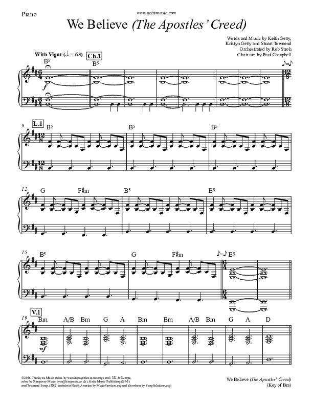 We Believe (Apostles Creed) Piano Sheet (Keith & Kristyn Getty)