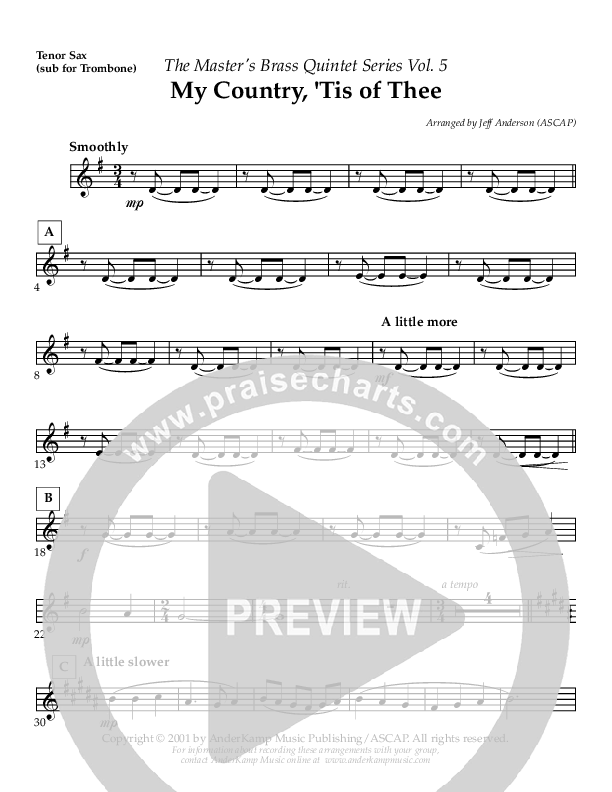 My Country Tis Of Thee (Instrumental) Tenor Sax 2 (AnderKamp Music)