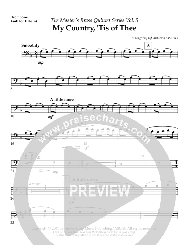 My Country Tis Of Thee (Instrumental) Trombone 2 (AnderKamp Music)