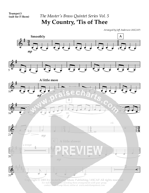 My Country Tis Of Thee (Instrumental) Trumpet 3 (AnderKamp Music)