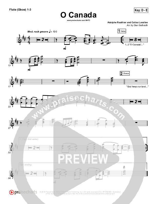 O Canada Flute/Oboe 1/2/3 (PraiseCharts Band)