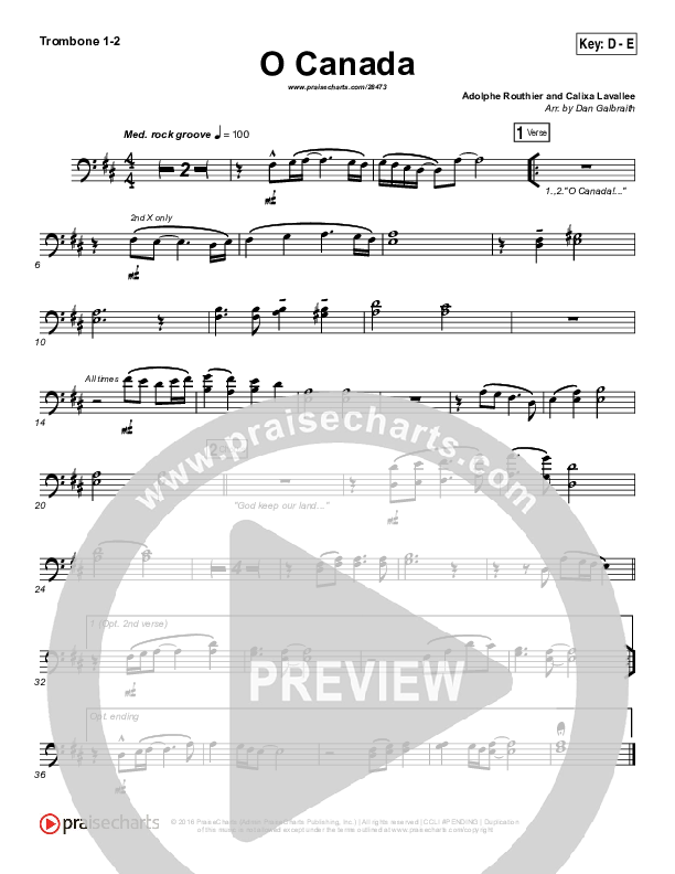 O Canada Trombone 1/2 (PraiseCharts Band)