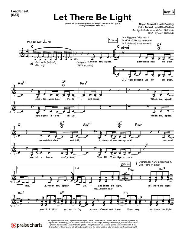 Let There Be Light Lead Sheet (SAT) (Bryan & Katie Torwalt)