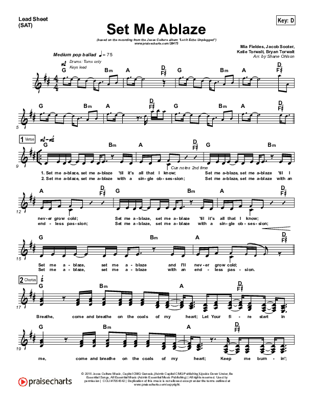 Set Me Ablaze  Lead Sheet (SAT) (Jesus Culture / Katie Torwalt)