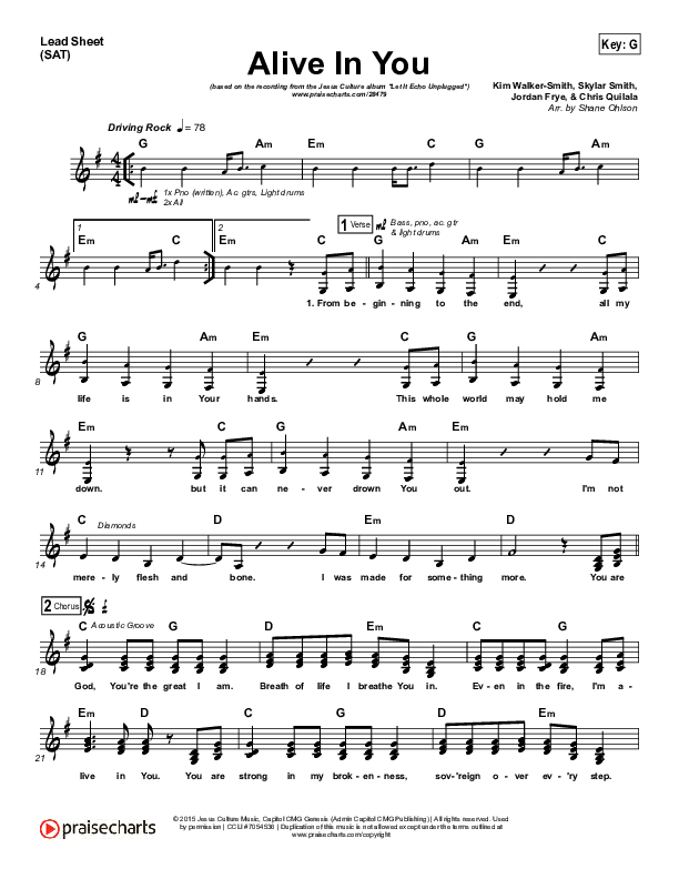 Alive In You Lead Sheet (Jesus Culture / Kim Walker-Smith)