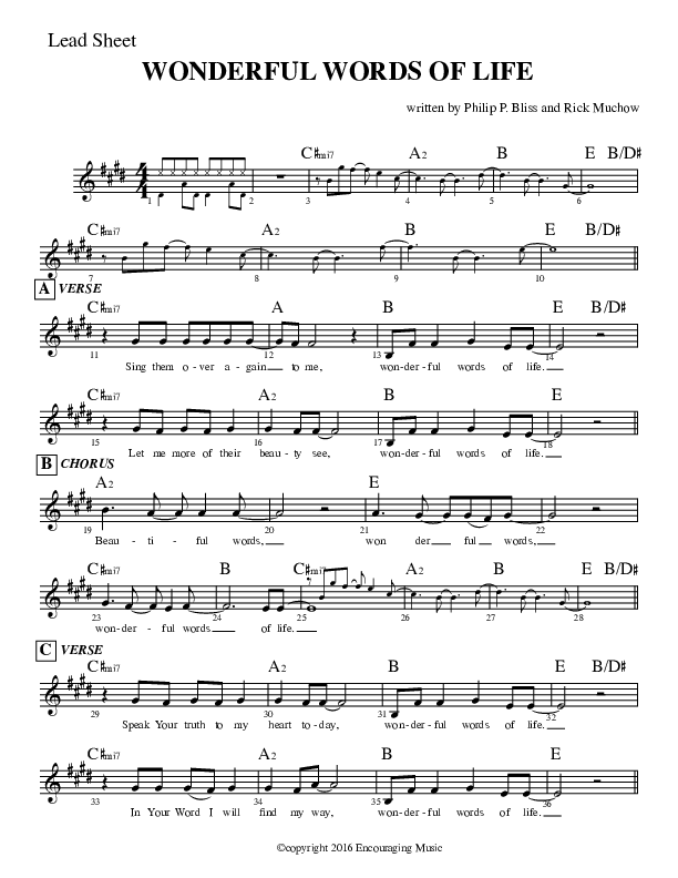 Wonderful Words Of Life Lead Sheet (Rick Muchow)
